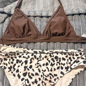 Brown Triangle Bikini Top with Leopard Print Bottom
